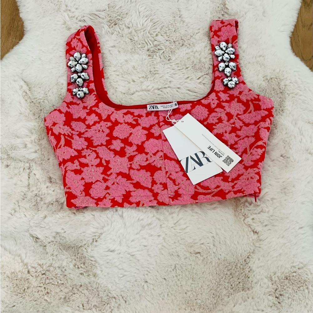 Zara Crop jacquard embellished top